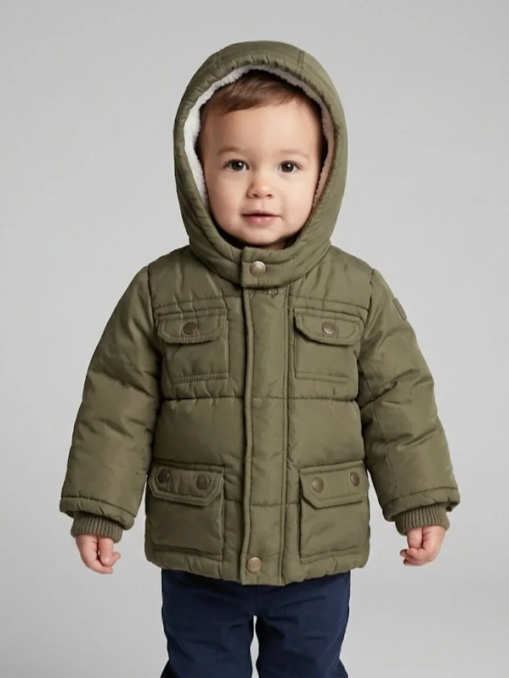 Baby Gap Boy's Cargo Puffer Coat 18-24M Sherpa Hood Khaki Parka